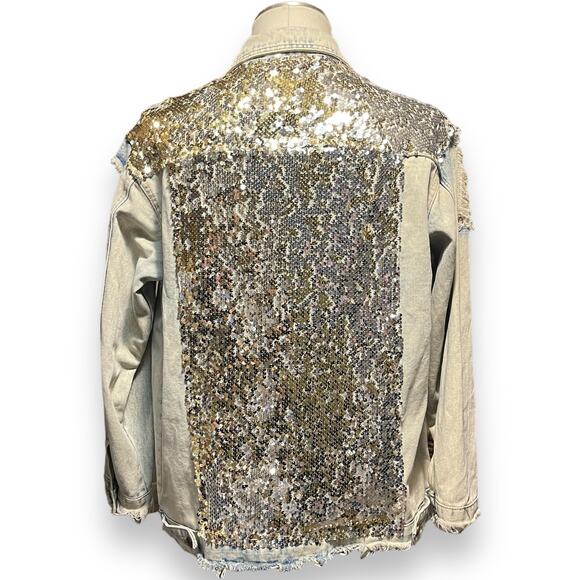 L&B Sequin Denim Jacket Distressed Acid Wash Gold Silver Medium - Picture 6 of 7